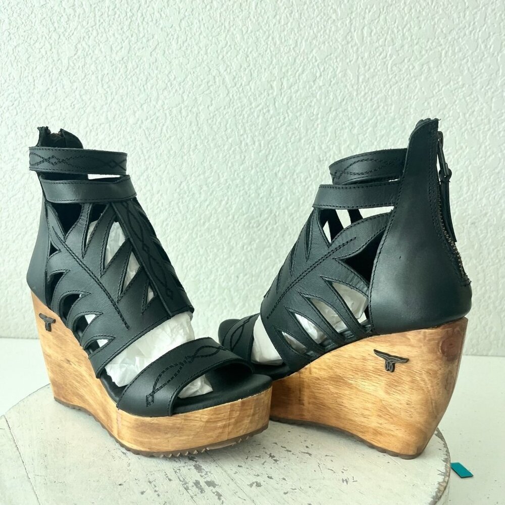 Lane Boots BECCA Womens Black Wedges Western Sandals Cowgirl Wooden Heel Size 5 - Picture 11 of 11